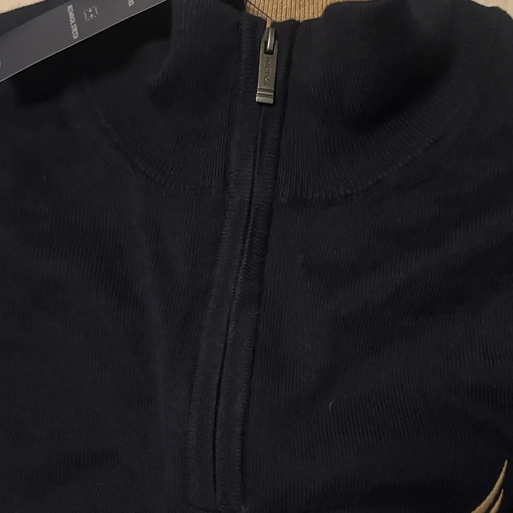 NWT Nautica Men's Black and Tan Quarter Zip-Up Sweater - Picture 5 of 6